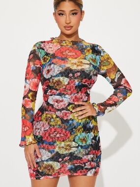 Fashion Nova Black Multi Floral Mesh Long Sleeve Dress